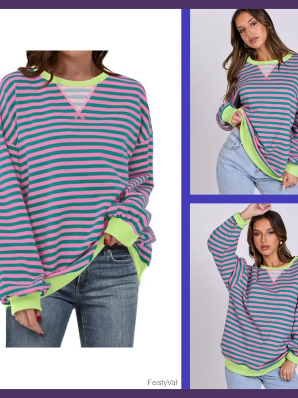 Oversized Striped Crew Neck Pullover Sweatshirt Ribbed Cuffs